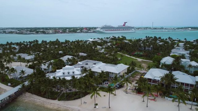 Aerial video Sunset Island with view of Carnival Freedom at Mallory Square
