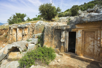 Fototapeta na wymiar Ancient antique burial in rocks in Demre. Turkey