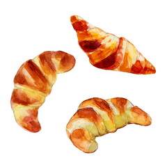 Croissants set, watercolor illustration in hand-drawn style.