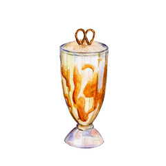The milk shake with caramel and brezel, watercolor illustration in hand-drawn style.
