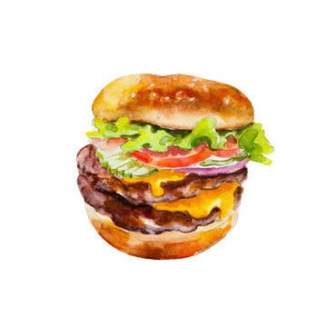 Hamburger with fresh vegetables, watercolor illustration isolated on white background.
