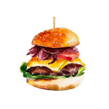 Hamburger with bacon and fresh vegetables, watercolor illustration isolated on white background.
