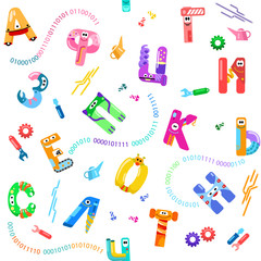Cyrillic alphabet like different robots in seamless pattern / There are vowels of the Cyrillic alphabet in seamless pattern. The letters belong to Russian, Ukrainian and Bulgarian alphabet
