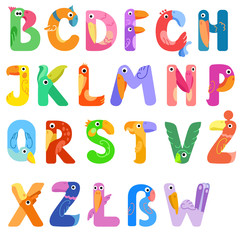 Consonants of the Latin alphabet like different birds / There are vowels of the Latin alphabet with eyes, beaks, and wings. The letters belong to English, Polish and German alphabet
