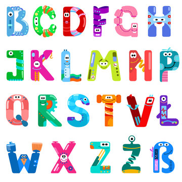 Consonants of the Latin alphabet like different robots / There are consonants of the Latin alphabet with eyes, mouths, and gears. The letters belong to English, Polish and German alphabet
