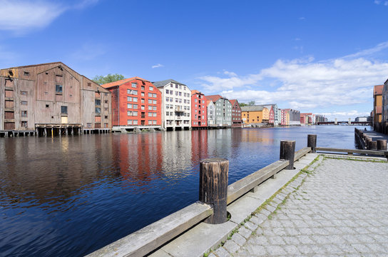 old storehouses flanking the river Nidelva in Trondheim, Norway