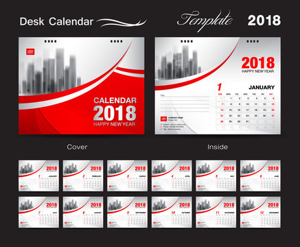 Desk Calendar 2018 template design, red cover, Set of 12 Months, Business creative