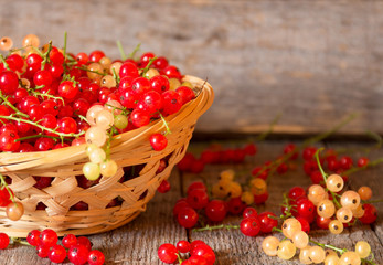 Red currant on brown wooden table