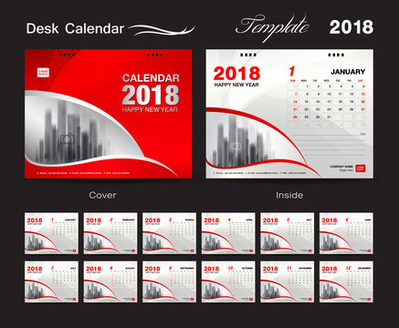 Desk Calendar 2018 template design, red cover, Set of 12 Months, corporate calendar creative