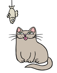 Cute grey cat sits and looks at the hanging dried fish. Vector illustration.