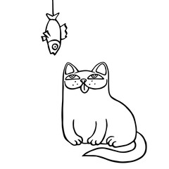 Cartoon cat sits and looks at the hanging dried fish.Vector illustration.