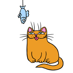 Funny ginger cat looks at the fish. Vector illustration.