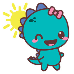 Set of dinosaur happy girl with sun. Good day