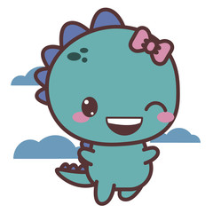A dinosaur happy girl flies in the clouds. Good day