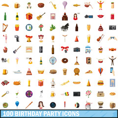 100 birthday party icons set, cartoon style