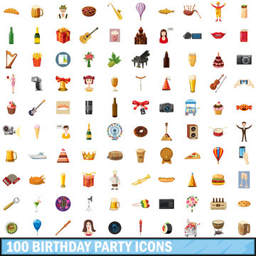 100 birthday party icons set, cartoon style