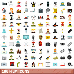 100 film icons set, flat style