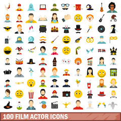 100 film actor icons set, flat style
