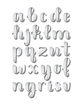 Grey 3d shadow effect hand lettering alphabet design, handwritten brush script modern calligraphy cursive font vector illustration on white background.