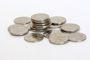 coins of 1 ruble on white background