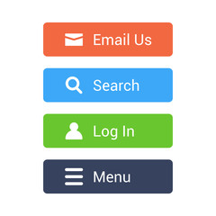 Flat buttons set. Email, Search, Log in, Menu buttons for web and app design