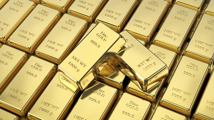 3D illustration closeup shiny group gold bars and two on top