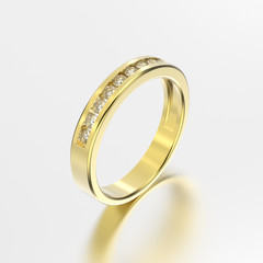 3D illustration yellow gold ring with diamonds with reflection