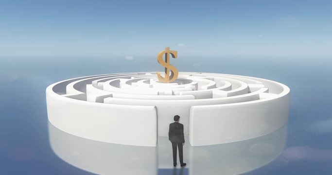4k golden dollars symbol in the center of maze,businessman Standing in the labyrinth entrance.