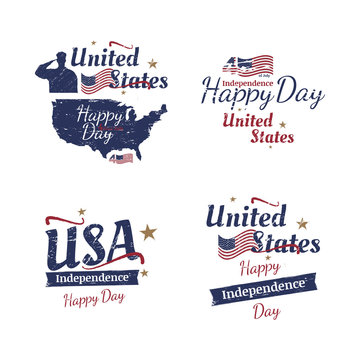 Set of elements for July 4th grunge typography. Independence day of the United States. Vintage vector sign and flag for greeting cards and banners. EPS10