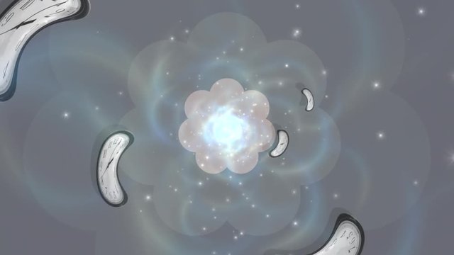 Looped motion graphics of time travel. Distorted clocks, glowing particles and smoke effects. Concept of back to the future or traveling at the speed of light.