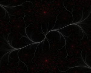 White fractal on dark background with red sparkling stars