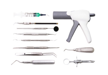 Dental tools in dental clinic on white background