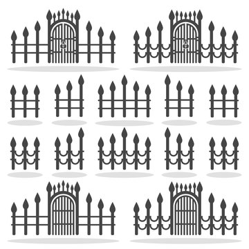 Fence Gates Icon Set, Vector Symbol In Outline Flat Style Isolated On White Background.