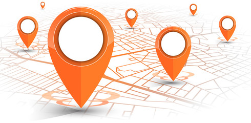 GPS navigator pin Orange color mock up wite map on white background