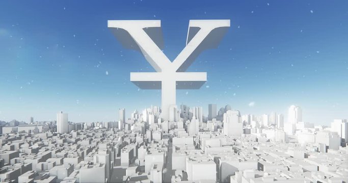 4k RMB symbol & abstract urban business construction,3D Virtual Geometric City Office Buildings,aerial view of NewYork,web tech.