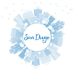 Outline San Diego Skyline with Blue Buildings and Copy Space.