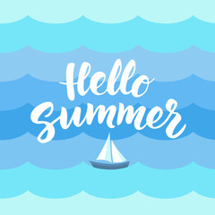 Hello Summer text with nautical design elements. Boat icon and w