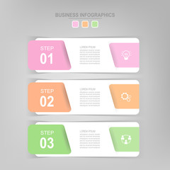 Infographic template of three steps on squares, tag banner, work sheet, flat design of business icon, vector