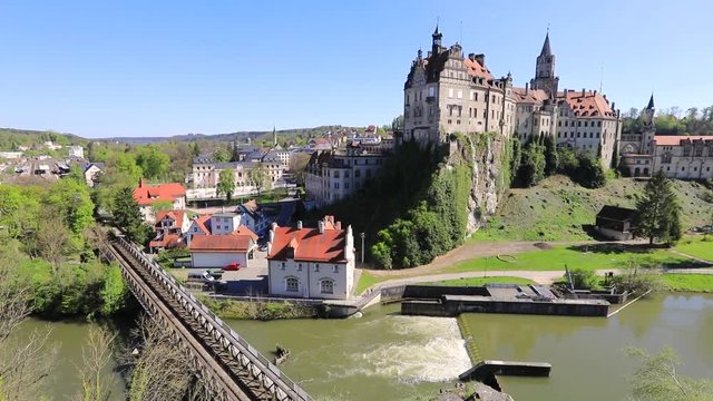 Panoramic high angle view of Sigmaringen castle located on the side of Danube river in Sigmaringen, Baden-Wurttemberg, Germany
