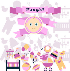 Vector graphic in pink colors. Accessories for child life, baby care, newborn girl congratulation. Banner with childhood's pattern with shadow background.