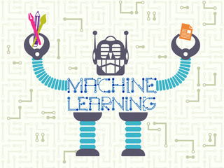 Data technology and machine learning concept. Robot raising hands holding material and tools for study with electronic circuit on background.