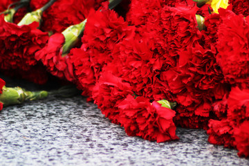 red carnations on a dark marble background on the memorial