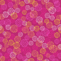 Vector seamless pattern with brush blots .Yellow white orange color on pink background. Hand painted grange texture. Ink elements. Fashion modern style. Endless fabric print. Look like flowers