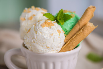 Vanilla and mint ice cream in cup