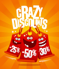 Crazy discounts vector poster concept with madness smiling price tags - obrazy, fototapety, plakaty