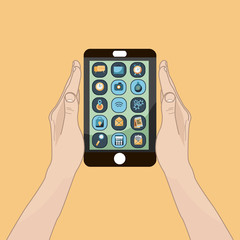 Hands holding mobile phone with icons on orange  background