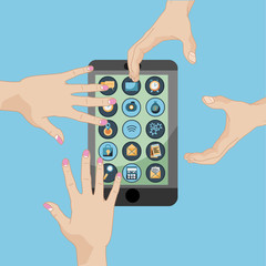 Hands reaching for a gadget on blue background