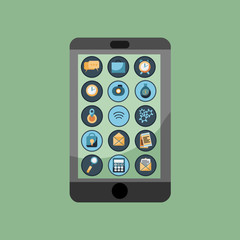 Mobile phone with icons on green background