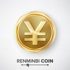 Renminbi Yuan Gold Coin Vector. Realistic Money Sign Illustration