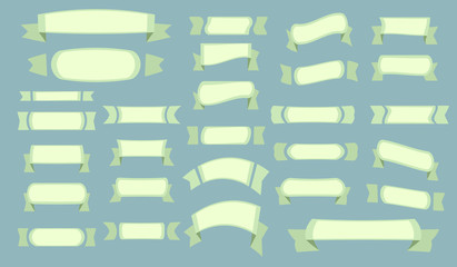 Vector green ribbons set. Elements isolated on blue background. 28 light colored ribbons for text, banners